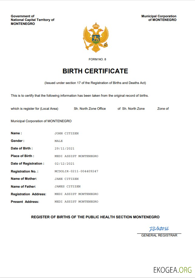 Modèle Word et PDF d'acte de naissance au Monténégro